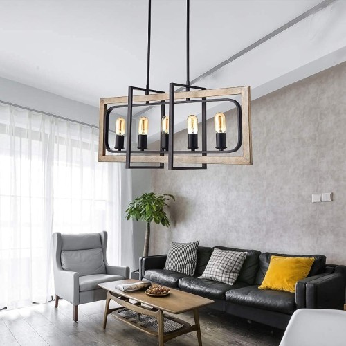 TZOE Rectangle Dinning Room Chandeliers,Rustic Pendant Lighting for Kitchen Island, White Oak Wood Color Metal&Black Finish Vintage Industrial 5-Light Chandelier,L31.5 x W8.6 x H13.7