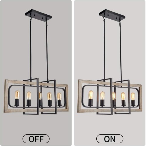 TZOE Rectangle Dinning Room Chandeliers,Rustic Pendant Lighting for Kitchen Island, White Oak Wood Color Metal&Black Finish Vintage Industrial 5-Light Chandelier,L31.5 x W8.6 x H13.7