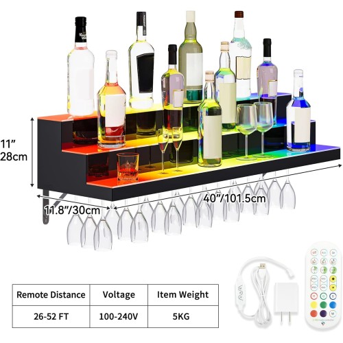 YITAHOME LED Light Liquor Bottle Display Shelf, 3-Tier 40-inch Bar Shelves for Liquor Bottles Wall Mounted Acrylic Liquor Shelf with Wine Holder Slots, Remote & App Control for Home Commercial Bar