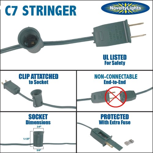 Novelty Lights 100 Foot C7 Outdoor String Light Christmas Stringer - Patio String Lights - Candelabra Base (C7/E12) - 12" Spacing - Green Wire