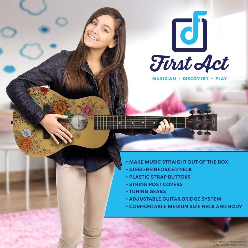 First Act Acoustic Guitar, 30” - Top Features Flower Design - Brass Acoustic Guitar Strings, Tuning Gear, String Post Covers, Steel-Reinforced Neck, Strap Buttons – Musical Instruments
