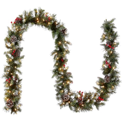 National Tree Company Pre-Lit Artificial Christmas Garland, Green, Frosted Berry, White Lights, Decorated with Pine Cones, Berry Clusters, Plug In, Christmas Collection, 9 Feet
