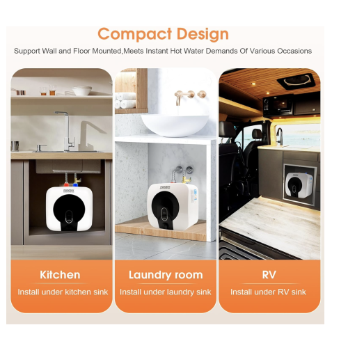 2.5 Gallon Mini Tank Water Heater Under Sink Hot Water Heater 1500W 110V 120V Water Heaters for RV Kitchen 1/2”NPT Stainless Steel Hose 3-way Fitting Black