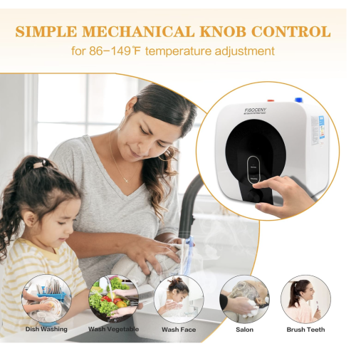 2.5 Gallon Mini Tank Water Heater Under Sink Hot Water Heater 1500W 110V 120V Water Heaters for RV Kitchen 1/2”NPT Stainless Steel Hose 3-way Fitting Black