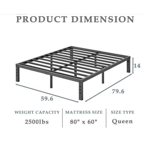 Bed-Frame-Queen, 14 Inch Metal Platform Bed-Frame No Box Spring Needed, Heavy Duty, Easy Assembly, Noise Free, Black
