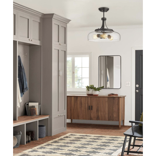 EAPUDUN Farmhouse Semi Flush Mount Ceiling Light Fixture, 3-Light Industrial Pendant Light in Oil Rubbed Bronze Finish with Clear Seeded Glass Shade, SMA1126-ORB