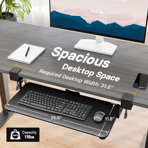 BONTEC KMT01 Under Desk Keyboard Tray, Pull-Out Keyboard & Mouse Platform with C-Clamp, 25.6 x 11.8 in Space-Saving Ergonomic Slide-Out Drawer, Black Carbon Fiber