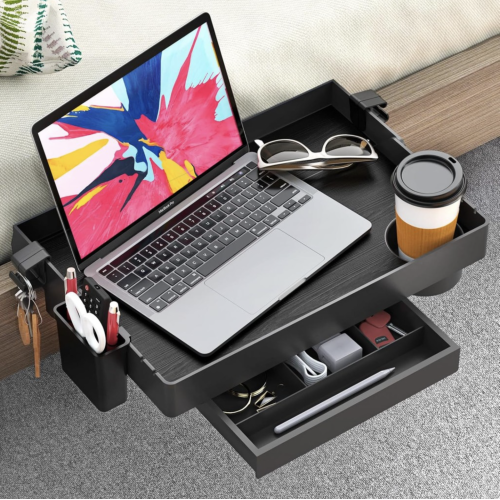 SOLEJAZZ Bedside Shelf for Bed, Foldable Bunk Bed Shelf for Top Bunk Clip On Nightstand with Drawer College Dorm Essential Table Caddy Tray Organizer Bedroom Shelf, Plus Size with Drawer, Black