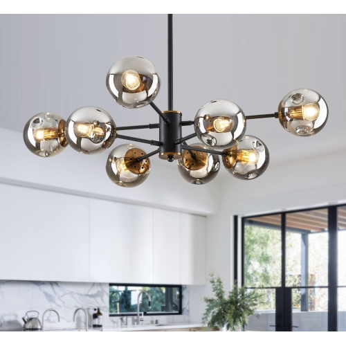 8-Light Sputnik Black Chandelier with Globe Glass Black and Gold Pendant Lights Bubble Light Chandeliers for Dining Room Farmhouse Kitchen Living Room Bedroom Office