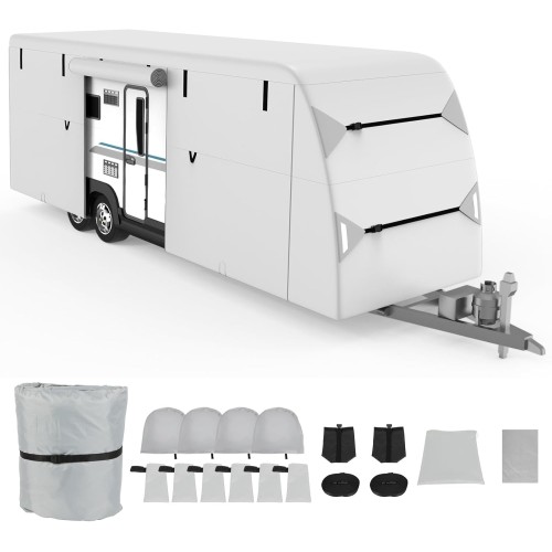Travel Trailer RV Cover 24'-27' Water-Resistant Anti-UV Camper Cover for Winter Snow with Jack Cover 4 Tire Covers and Gutter Covers