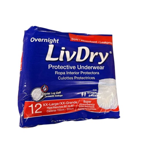 LivDry Adult XXL Incontinence Underwear, Overnight 2X-Large (12 Count) NEW