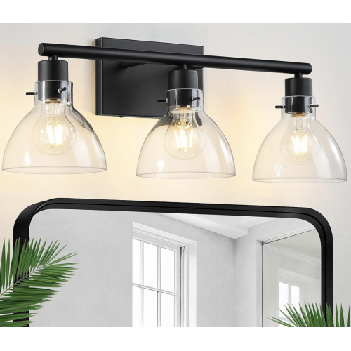 CCYCOL Bathroom Light Fixtures, 3-Light Over Mirror Vanity Lights with Thick Glass Shade, Modern Black Lighting for Bathroom, Bedroom, Hallway