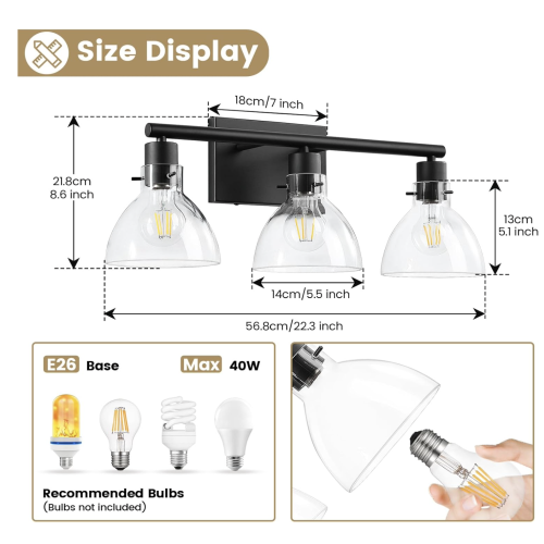 CCYCOL Bathroom Light Fixtures, 3-Light Over Mirror Vanity Lights with Thick Glass Shade, Modern Black Lighting for Bathroom, Bedroom, Hallway