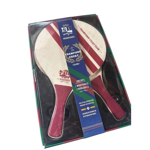 Champions Court Club 2 Wooden Paddles & 2 Balls NEW IN BOX Burgundy