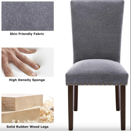 COLAMY Upholstered Parsons Dining Chairs Set of 2, Fabric Dining Room Kitchen Side Chair with Nailhead Trim and Wood Legs - Dark Grey
