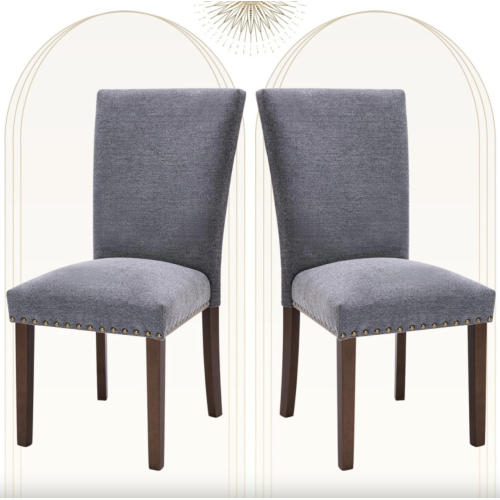 COLAMY Upholstered Parsons Dining Chairs Set of 2, Fabric Dining Room Kitchen Side Chair with Nailhead Trim and Wood Legs - Dark Grey