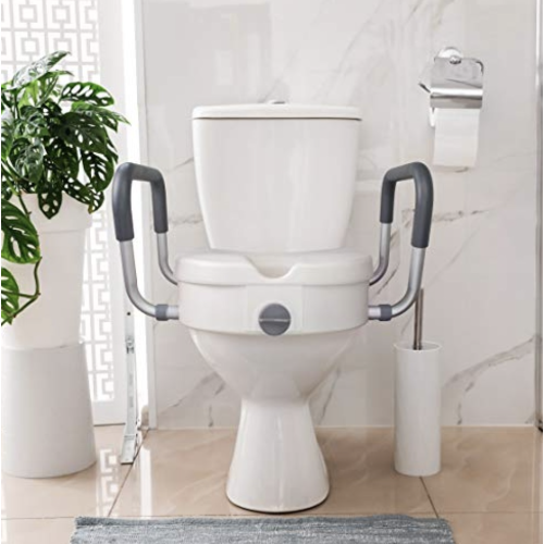 RMS Raised Toilet Seat - 5 Inch Elevated Riser With Adjustable Padded Arms - Toilet Safety Seat For Elongated Or Standard Commode