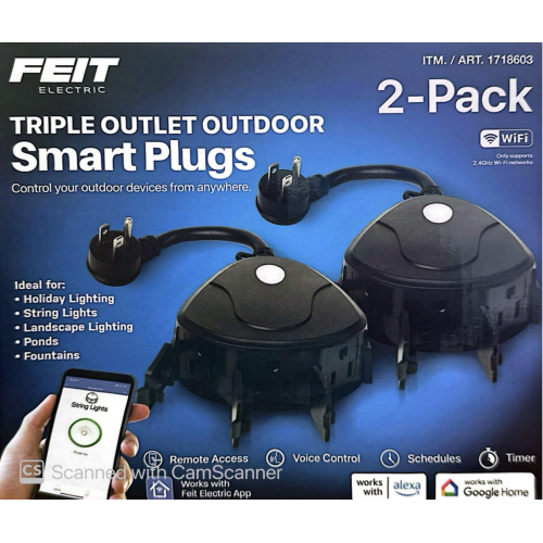 Feit Electric Triple Outlet Outdoor Smart Plugs, 2-Pack, WiFi, Controls Devices from Anywhere, Voice Control, Schedules, Timer, Compatible with Alexa and Google Home, Black