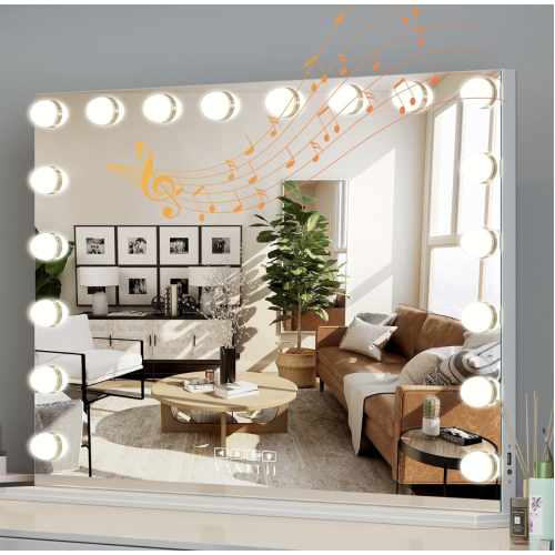 VANITII Vanity Mirror with Lights 22.8" x 31.5" 18 Bulbs 3 Color Modes Large Lighted Hollywood Makeup Mirror with USB Charging Port and 10X Magnification for Bedroom Desktop