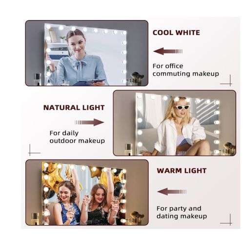 VANITII Vanity Mirror with Lights 22.8" x 31.5" 18 Bulbs 3 Color Modes Large Lighted Hollywood Makeup Mirror with USB Charging Port and 10X Magnification for Bedroom Desktop