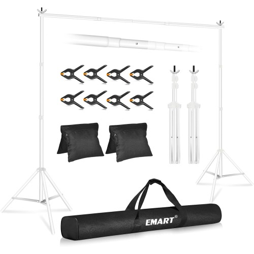 EMART Backdrop Stand 10x7ft(WxH) Photo Studio Adjustable Background Stand Support kit with 2 Crossbars, 8 Clamps, 2 Sandbags and Carry Bag for Parties, Events Decoration, Wedding, Photography -White