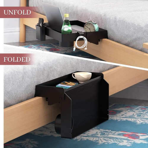 SOLEJAZZ Bedside Shelf for Bed, Foldable Bunk Bed Shelf Clip On Nightstand Tray College Dorm Room Table Caddy with Cup & Cord Holder for Top Bunk Organizer Bedroom Nightstand, Black