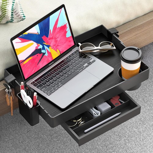 SOLEJAZZ Bedside Shelf for Bed, Foldable Bunk Bed Shelf Clip On Nightstand Tray College Dorm Room Table Caddy with Cup & Cord Holder for Top Bunk Organizer Bedroom Nightstand, Black
