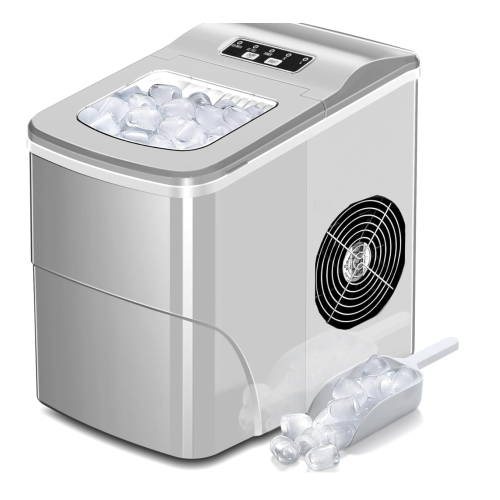 AGLUCKY Ice Makers Countertop with Self-Cleaning, 26lbs/24hrs, 9 Cubes Ready in 6 Mins, Portable Ice Machine with 2 Sizes Bullet Ice/Ice Scoop/Basket for Home/Kitchen/Office/Bar/Party, Grey