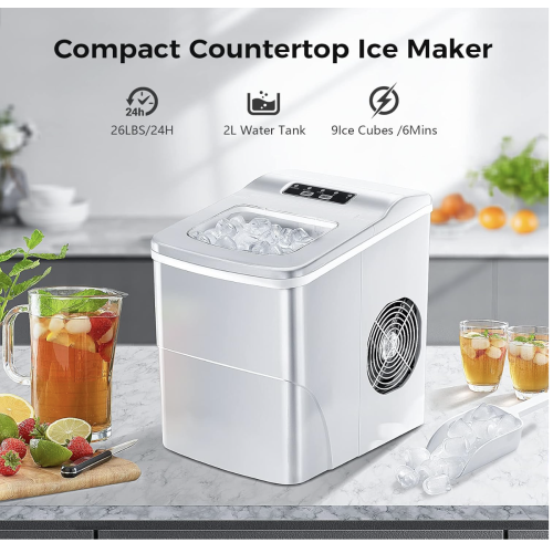 AGLUCKY Ice Makers Countertop with Self-Cleaning, 26lbs/24hrs, 9 Cubes Ready in 6 Mins, Portable Ice Machine with 2 Sizes Bullet Ice/Ice Scoop/Basket for Home/Kitchen/Office/Bar/Party, Grey