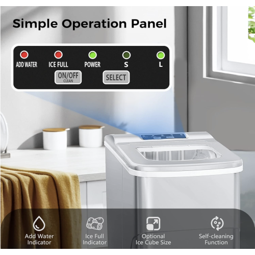 AGLUCKY Ice Makers Countertop with Self-Cleaning, 26lbs/24hrs, 9 Cubes Ready in 6 Mins, Portable Ice Machine with 2 Sizes Bullet Ice/Ice Scoop/Basket for Home/Kitchen/Office/Bar/Party, Grey