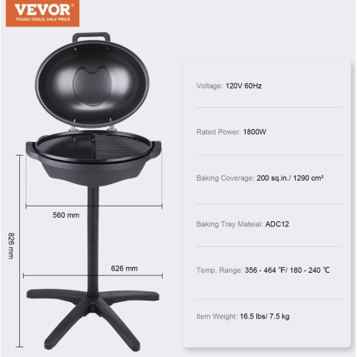 VEVOR Indoor/Outdoor Electric Grill, 1800W 200sq.in Electric BBQ Grill with Zone Grilling Surface, Removable Stand, Non-stick Patio Grill with Adjustable Temperature for Party Camping Yard