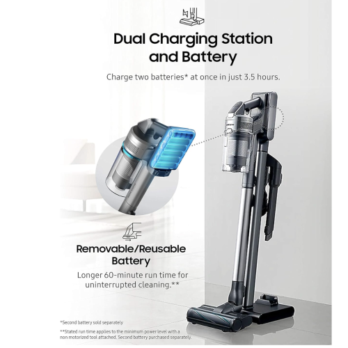 Samsung Jet 90 Cordless Stick Vacuum Long Lasting Battery and 200 Air Watt Suction Power, Complete with Telescopic Pipe, Titan Silver