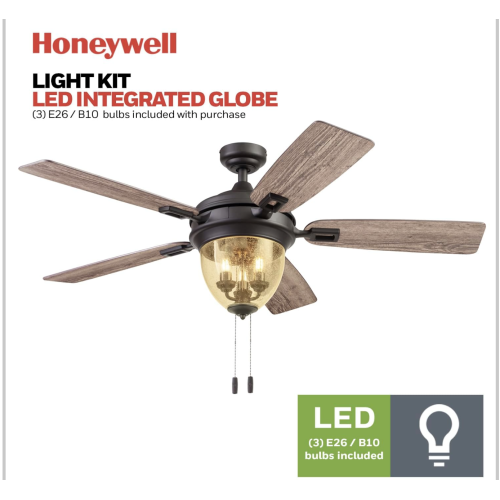 Honeywell Ceiling Fans Glencrest, 52 Inch Indoor Outdoor LED Ceiling Fan with Light, Pull Chain, Dual Mounting Options, ETL Damp Rated, Dual Finish Blades, Reversible Motor - 51653