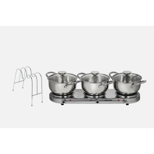 Kalorik Stainless Steel Triple Buffet Burner w/Pots, Lids & Lid Rest - Silver