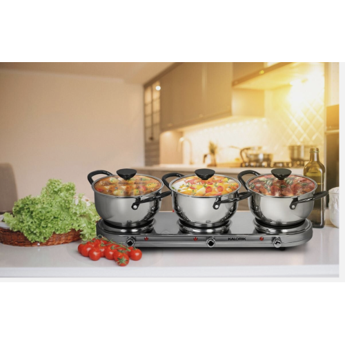 Kalorik Stainless Steel Triple Buffet Burner w/Pots, Lids & Lid Rest - Silver