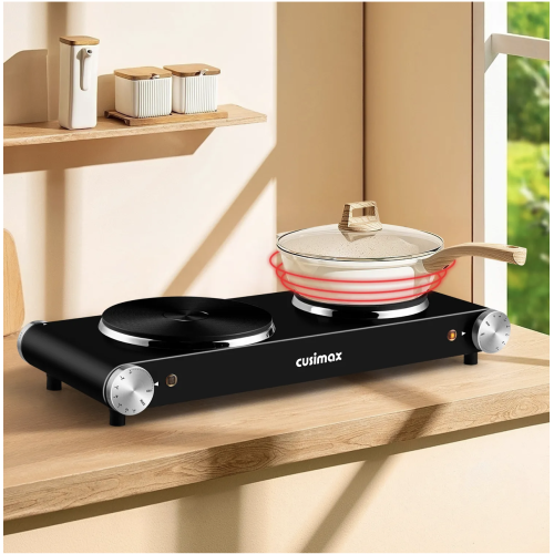 Cusimax Double Hot Plate,1800W Portable Electric Burner For Cooking,Cast Iron Electric Stove,Temperature Control,Stainless Steel