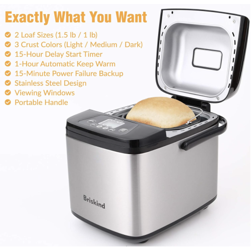 19-in-1 Compact Bread Maker Machine, 1.5 lb / 1 lb Loaf Small Breadmaker with Carrying Handle, Including Gluten Free, Dough, Jam, Yogurt Menus, Bake Evenly, Automatic Keep Warm, 3 Crust Color