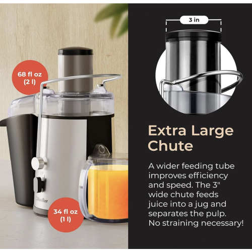 Mueller Juicer Ultra Power, Easy Clean Extractor Press Centrifugal Juicing Machine, Wide 3" Feed Chute for Whole Fruit Vegetable, Anti-drip, Large, Silver