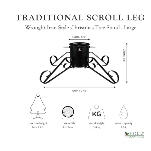 Holly International Traditional Christmas Tree Stand with Metal Scroll Legs Black, up to 3m Trees Holly International Traditional Christmas Tree Stand with Metal Scroll Legs Black, up to 3m Trees
