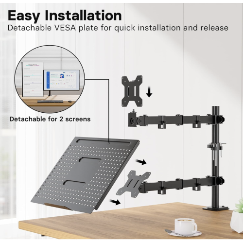 Redbat Monitor and Laptop Mount Stand, Fully Adjustable Monitor Arm with Vented Tray for 13" to 32" LCD Screens and Notebook up to 16", Holds up to 22lbs, VESA Compatible, Dual Mounting Options
