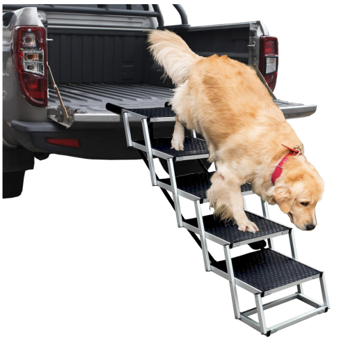 Dog Ramps with 5 Stairs, Upgraded Aluminum Frame Pet Steps for SUV, Cars, High Beds, Portable and Folding Stair for Large Dog up to 200Lbs with Light Weight and Non-Slip Surface