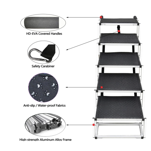 Dog Ramps with 5 Stairs, Upgraded Aluminum Frame Pet Steps for SUV, Cars, High Beds, Portable and Folding Stair for Large Dog up to 200Lbs with Light Weight and Non-Slip Surface