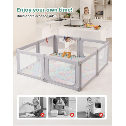 Kidirect Foldable Playpen, 71''×69'' Extra Large Baby Playpen for Babies and Toddlers, Baby Gate Play Pen with Breathable Mesh, Adjustable Size & Shape Play Yards Indoor Outdoor for Toddlers, Grey