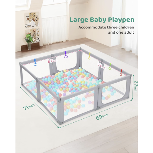Kidirect Foldable Playpen, 71''×69'' Extra Large Baby Playpen for Babies and Toddlers, Baby Gate Play Pen with Breathable Mesh, Adjustable Size & Shape Play Yards Indoor Outdoor for Toddlers, Grey