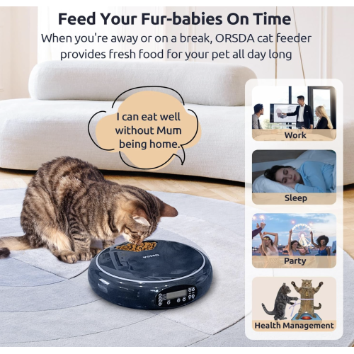 ORSDA Automatic Cat Feeder Wet Food/Dry Food, 5 Meal Timed Pet Feeder with Timer Programmable & Voice Recorder, Dual Power Supply Auto Feeder for Cats/Small Dogs