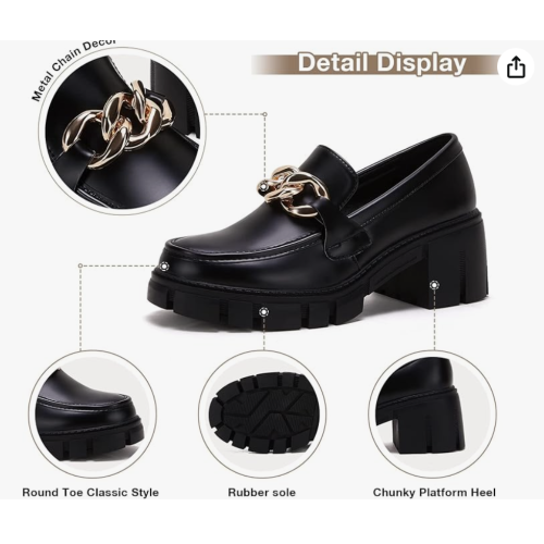 TINSTREE Platform Loafers for Women with Chain Comfort Chunky Heel Slip On Round Toe Business Work Shoes