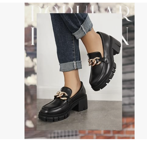 TINSTREE Platform Loafers for Women with Chain Comfort Chunky Heel Slip On Round Toe Business Work Shoes