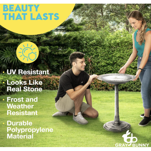 Gray Bunny 29" Bird Baths for Outdoors, Tall Bird Bath, Stylish Faux Stone Designed with Steel Ground Anchors for Lawn, Patio or Garden - Gray