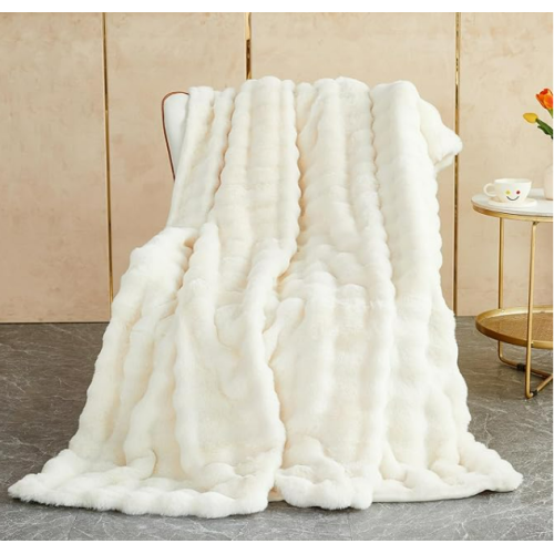 Amy Miller Wild Faux / Fake Fur 50” X 60” Super Soft Off-White Throw Blanket