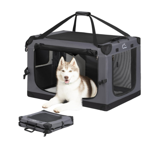 Collapsible Dog Crate - 36 Inch Portable Travel Dog Crate for Large Dogs Indoor & Outdoor, 4-Door Foldable Pet Kennel with Durable Mesh Windows (Grey)
